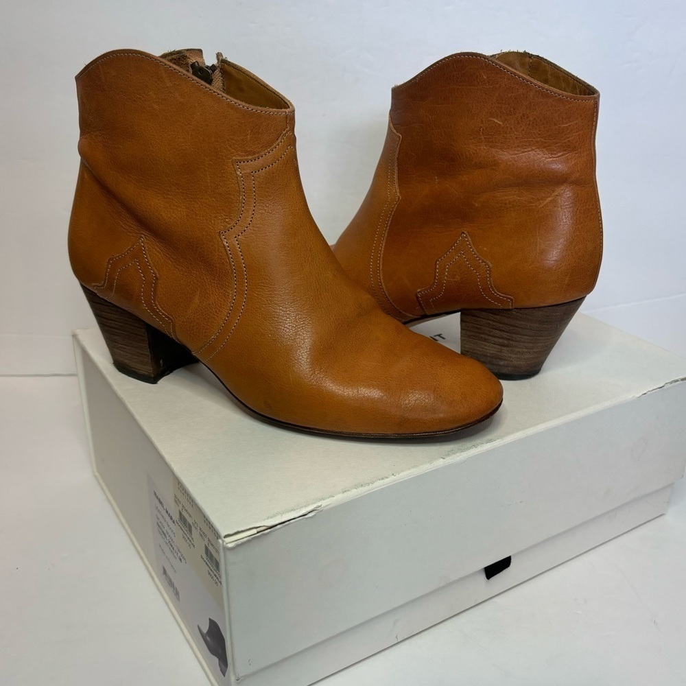 Isabel Marant Dicker Natural Cognac Leather Western Heel Ankle Boot 38/8